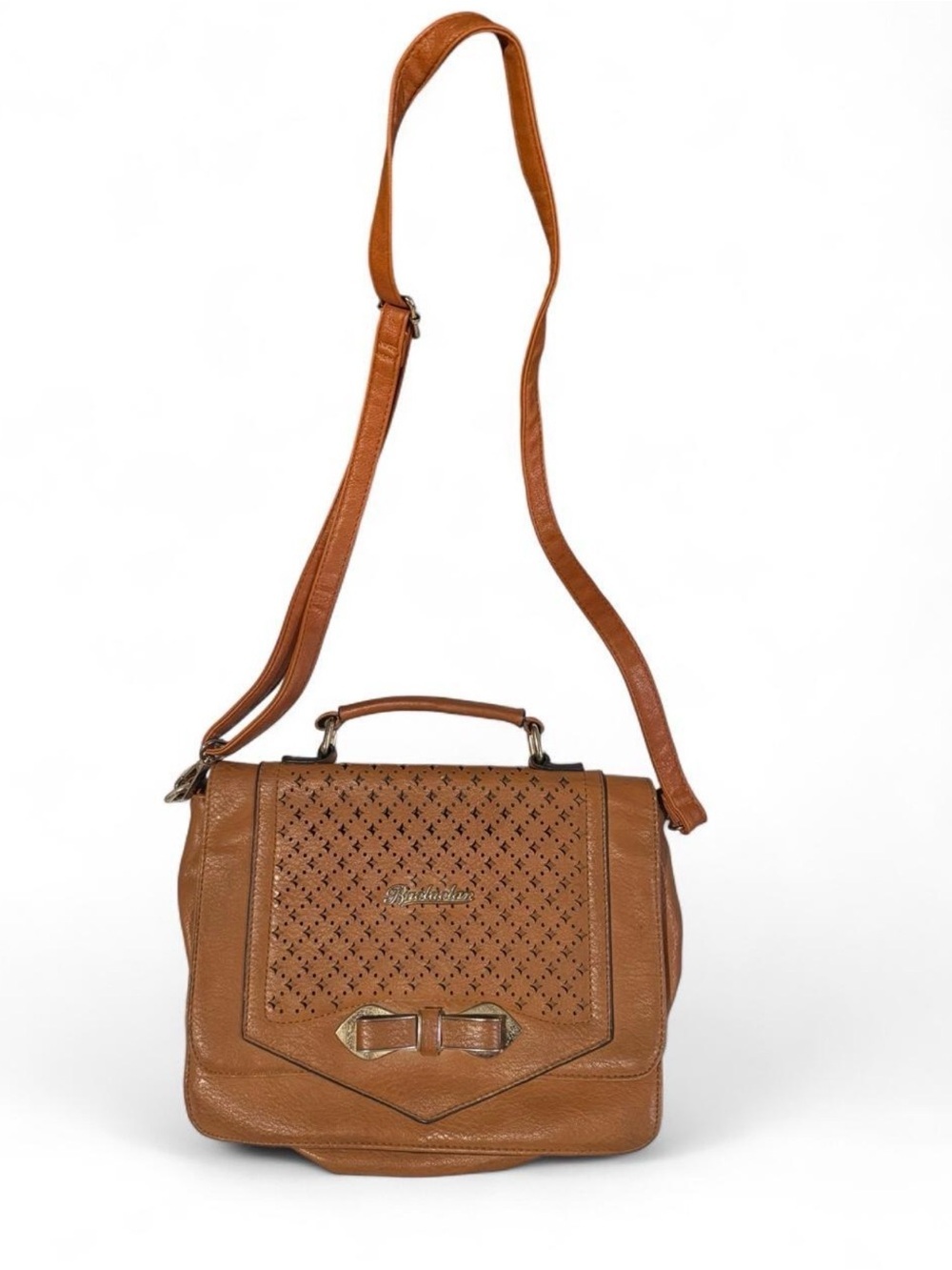 Structured Tan Crossbody Satchel with Perforated Flap and Top Handle